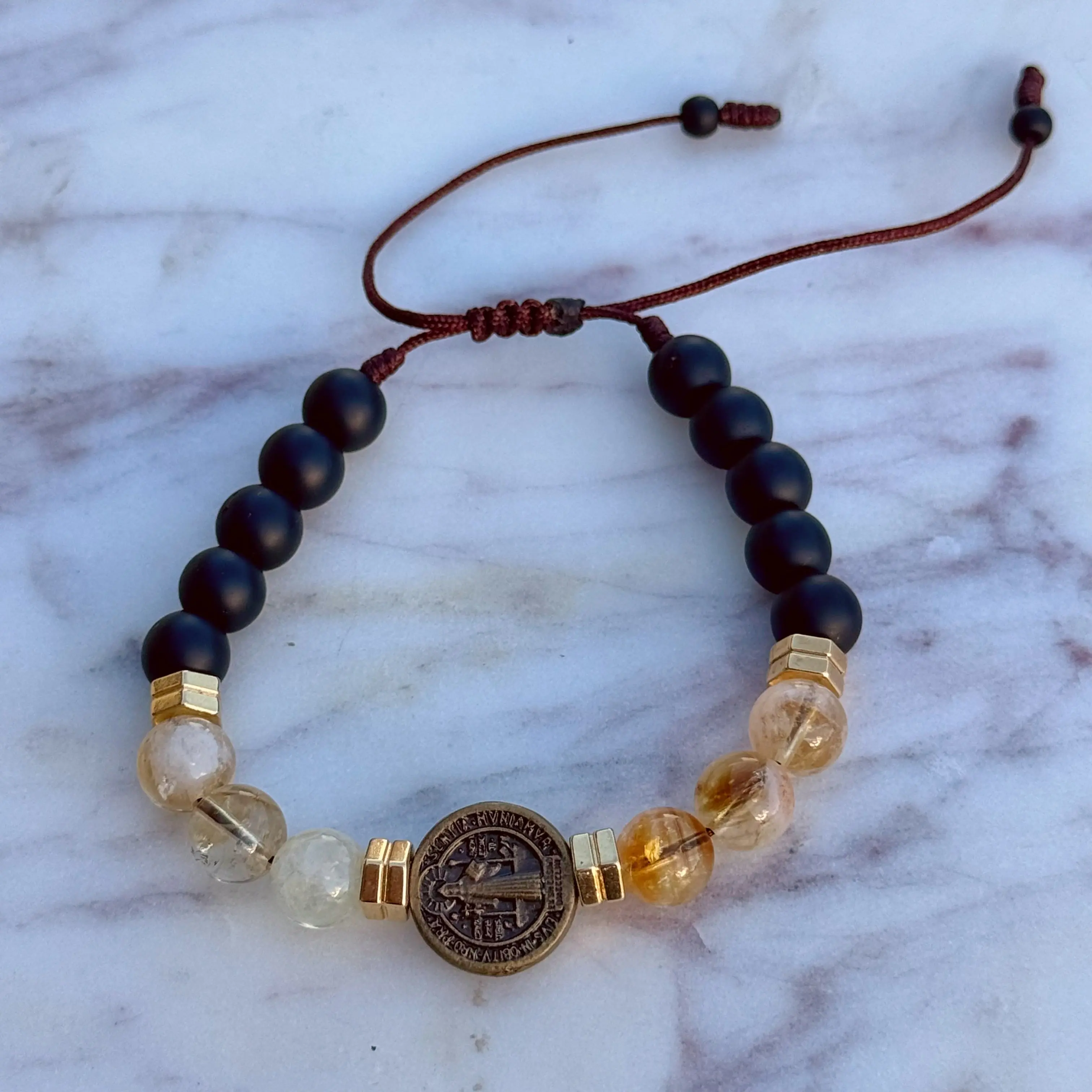 Men's Beaded Citrine Prosperity Bracelet with Gold-Plated San Benito Charm, Adjustable for Daily Casual Wear, Abundance, Jewelry, All Occasions
