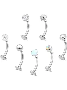 7PCS Floating Belly Button Ring for Women Hypoallergenic Stainless Steel Belly Rings Internally Threaded CZ Opal Long Bar Navel Barbell Flat Back Belly Piercing 8 10 12 14 16MM Silver Gold Body Piercing Jewelry
