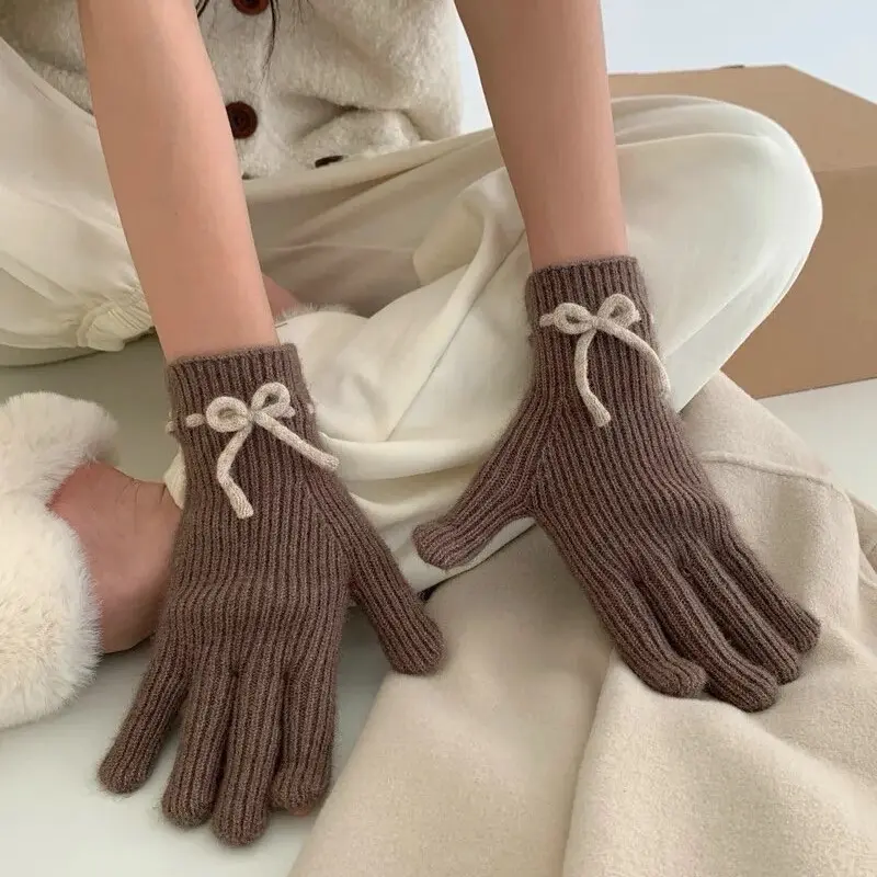 Winter Bow Knitted Gloves For Women&Men Thicken Warm Knitted Mittens Full Finger Female Touch Screen Luvas Gloves Unisex Cashmere Winter Convertible Mittens