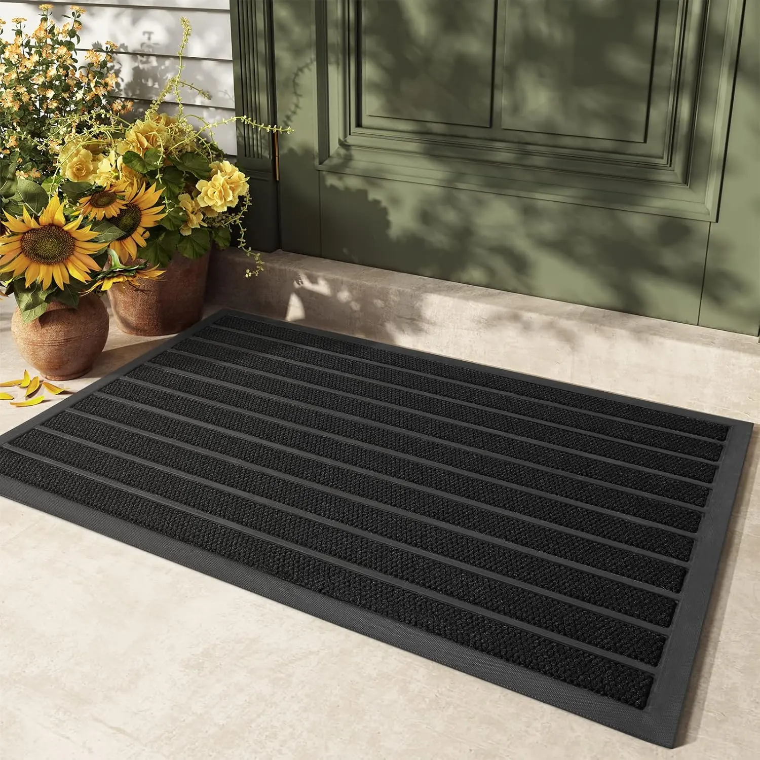 PVC Geometric Lines Front Door Mat, 24"x36" Black Outdoor Non-Slip Heavy Duty Waterproof Mat for Home Entry, Exterior Floor, Patio, Home Entrance