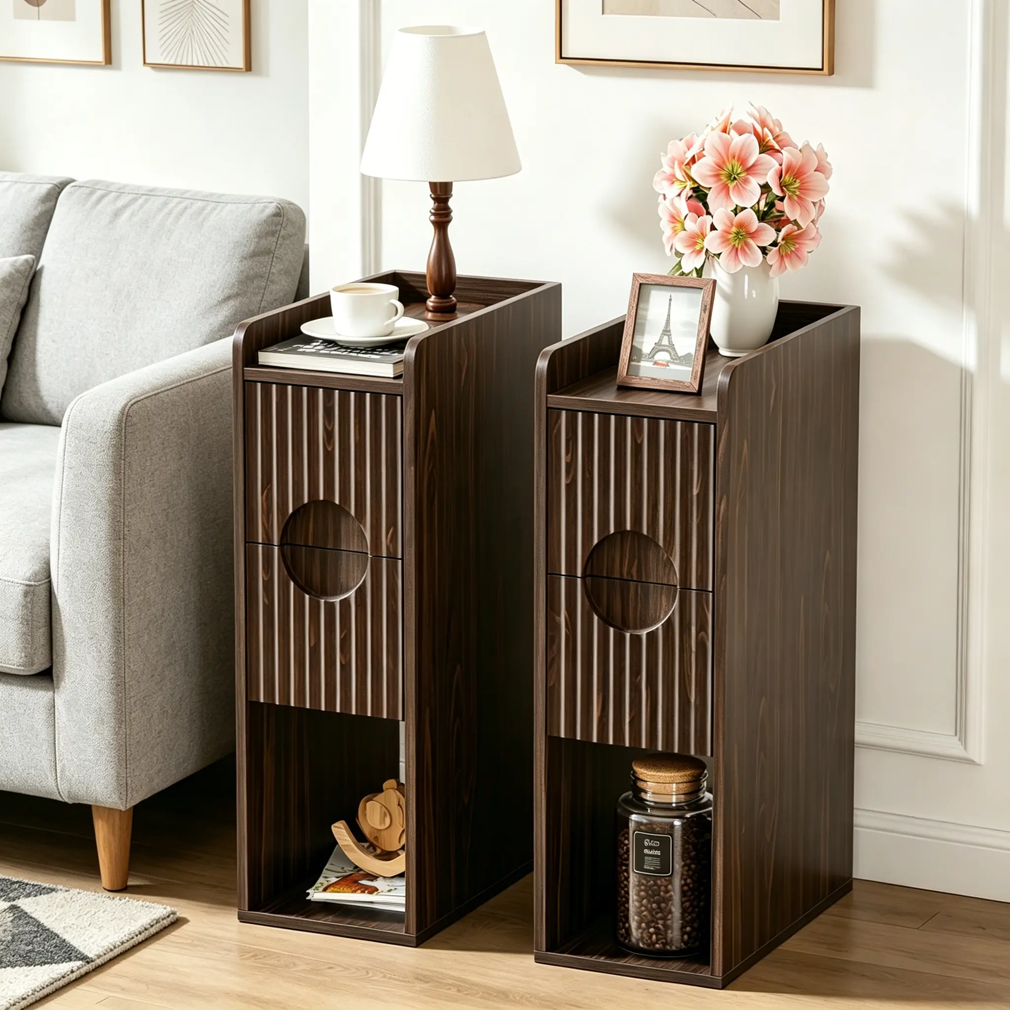 Narrow Nightstand Set of 2, Wood 2 Drawer Narrow Nightstand, Skinny Night Stand with Open Storage, Mid Century Modern Slim Bedside Table for Bedroom, Walnut Oak