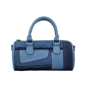 Niche design stitching denim messenger bag with bowling ball, new style in 2025 summer, versatile Boston pillow bag