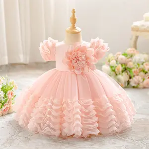 6M-3Y Peach Pink 3065 Anniversary Baby Girls Clothes Infant Birthday Cocktail Dress Puff Sleeve Mesh Floral Ball Gown Toddler Pageant Newborn Ball Gown Princess Baptism Frock