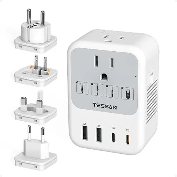 TESSAN 220V to 110V Voltage Converter US to Europe Universal Travel Adapter | 4 USB Ports (2 USB-C), 2 AC and EU/UK/JP/FR Power Plug Adaptor, International Step Down Transformer