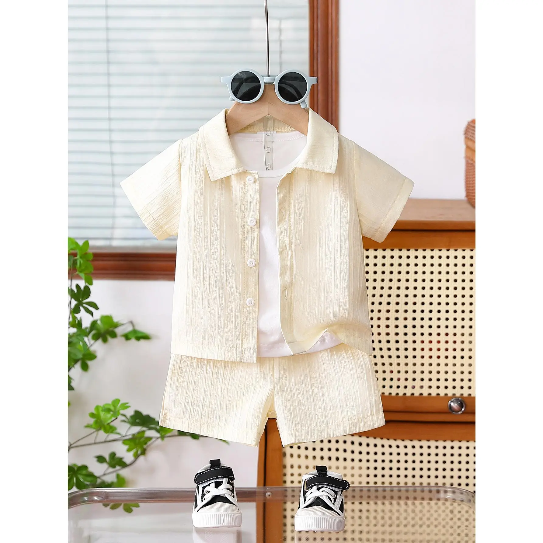 Summer Newborn Baby Boy Clothing Set Solid Color Jacquard Short Sleeve Shirt with Shorts Suitable for Outdoor Activities-DYH