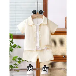 Summer Newborn Baby Boy Clothes Set Solid Color Jacquard Short Sleeve Shirt with Shorts for Outdoor Activities