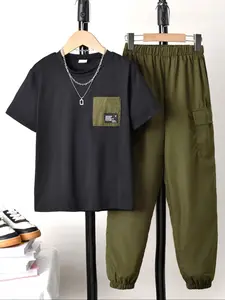 Two-Piece Set Boy's Letter Patched Short Sleeve Tee & Cargo Pants, Casual Round Neck T-shirt & Pocket Trousers for Summer, Kids Clothes for Daily Wear, Combined Set