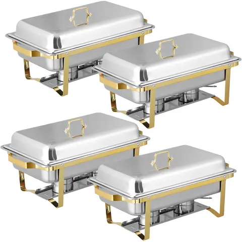 AnswerE 4-Pack 8QT Classic Rectangular Stainless Steel Full Size Chafing Pans Baking Dish Set, Food Warmer with Foldable Legs, Gold/Silver Multipurpose Bakeware Kit with Stackable Casserole Dishes for Parties