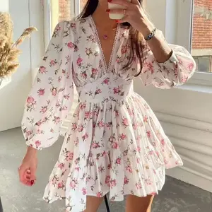 Women's 2026 European & American Summer New Sweet Printed V-neck Lace Short Sports Dress, Lady's Casual Wear Clothes