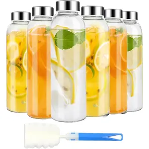 Clear Glass Bottles with Lids 6pcs Set 18oz,Reusable Glass Water Bottle with Stainless Steel Cap, 100% Leak Proof,Can be Used for Fruit Juice, Tea, Water, etc