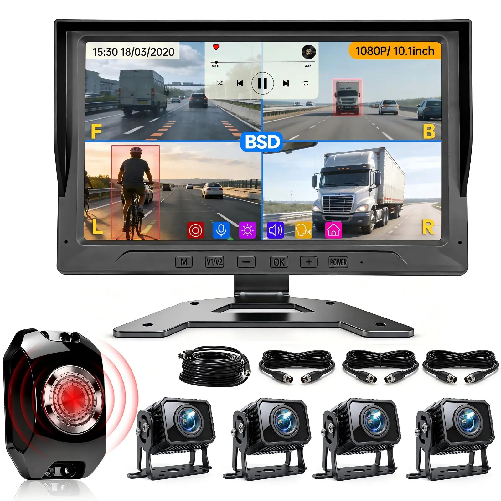ConewVehicle Wired Backup Camera System with 10.1" Touch Monitor, 4 1080P HD Rear Cameras, 4-Split Screen DVR Recording, IP69 Rainproof, MP5 Player, BSD Blind Spot Avoidance, 24/7 Security, Touch Guide Lines, Backup Safety for RV Trucks, Travel, Camper