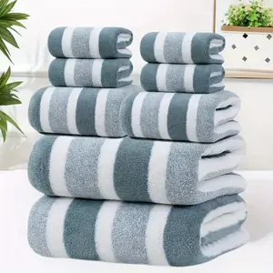 8-piece set, lint-free, super absorbent, ultra-soft dual-color striped bath towel set, including 2 large bath towels, 2 large face towels, and 4 hand towels