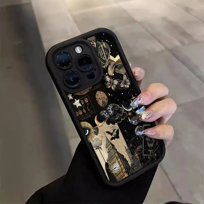 Gothic Moonlight Collage Pattern Frosted Soft TPU Rubber Casing for iPhone 17 Pro Max,16,16e,15,14 Plus,13,12 Mini,11,Air,X,XS - Camera Protection, Rugged Handheld Cellphone Smartphone Devices Cover, 2D Printing Gift