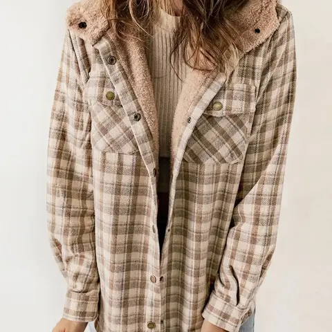 Women's Plaid Print Button Front Thermal Lined Hooded Coat Jackets, Casual Long Sleeve Pocket Outerwear for Winter, Ladies Clothes for Daily Wear