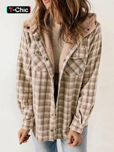 women's plaid print button front thermal lined hooded coat, casual long sleeve pocket outerwear for winter, ladies clothes for daily wear