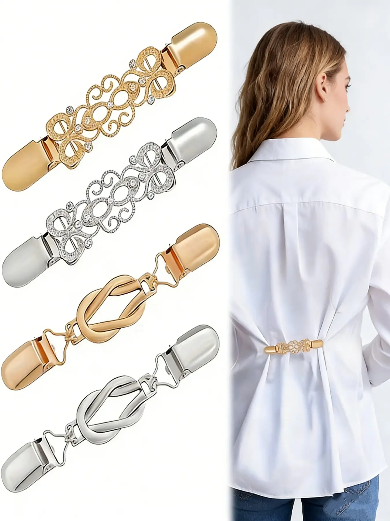 4pcs Vintage-Inspired Waist Cincher Clips for Women, Adjustable Metal Brooches, Waist Tightener Buckle, Secure Hold, No-Slip Design, All-Season Use, Durable, Decorative Buckle Set