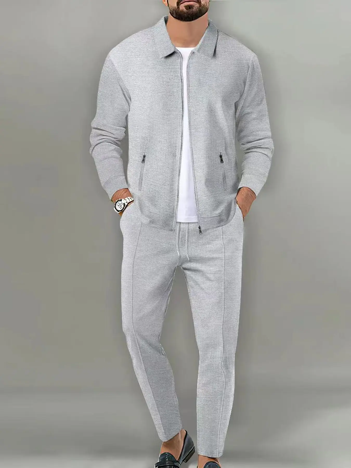 Men's Casual Zipper Jacket Pants Set, Polyester Material, Solid Collar, Suitable for Spring/autumn/winter Outdoor Activities