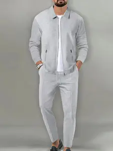 Men's Casual Zipper Jacket Pants Set, Polyester Material, Solid Collar, Suitable for Spring/autumn/winter Outdoor Activities