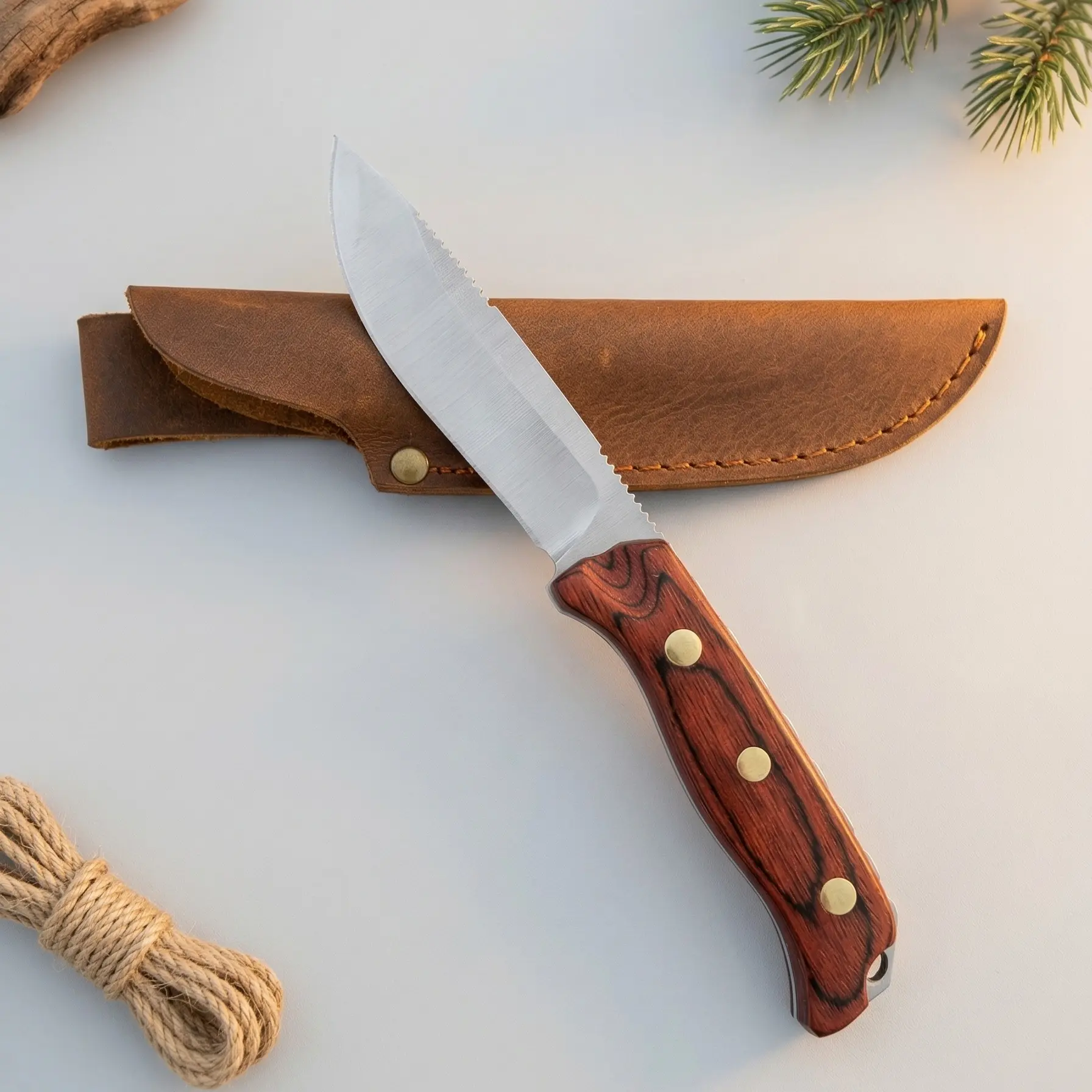 BM 15002 Portable EDC Tool CPM-S30V Steel Edge Wood Handle Leather Sheath Compact Gear for Camping Fishing Daily Use Perfect Gift for Men Emergency Survival Kit Supplies