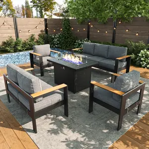【3/4/5 Packages Shipping】LayinSun Aluminum Outdoor Furniture Set with Fire Pit Table, Outside Patio Deep Seating Conversation Set with Upgraded Washable Thick Cushion