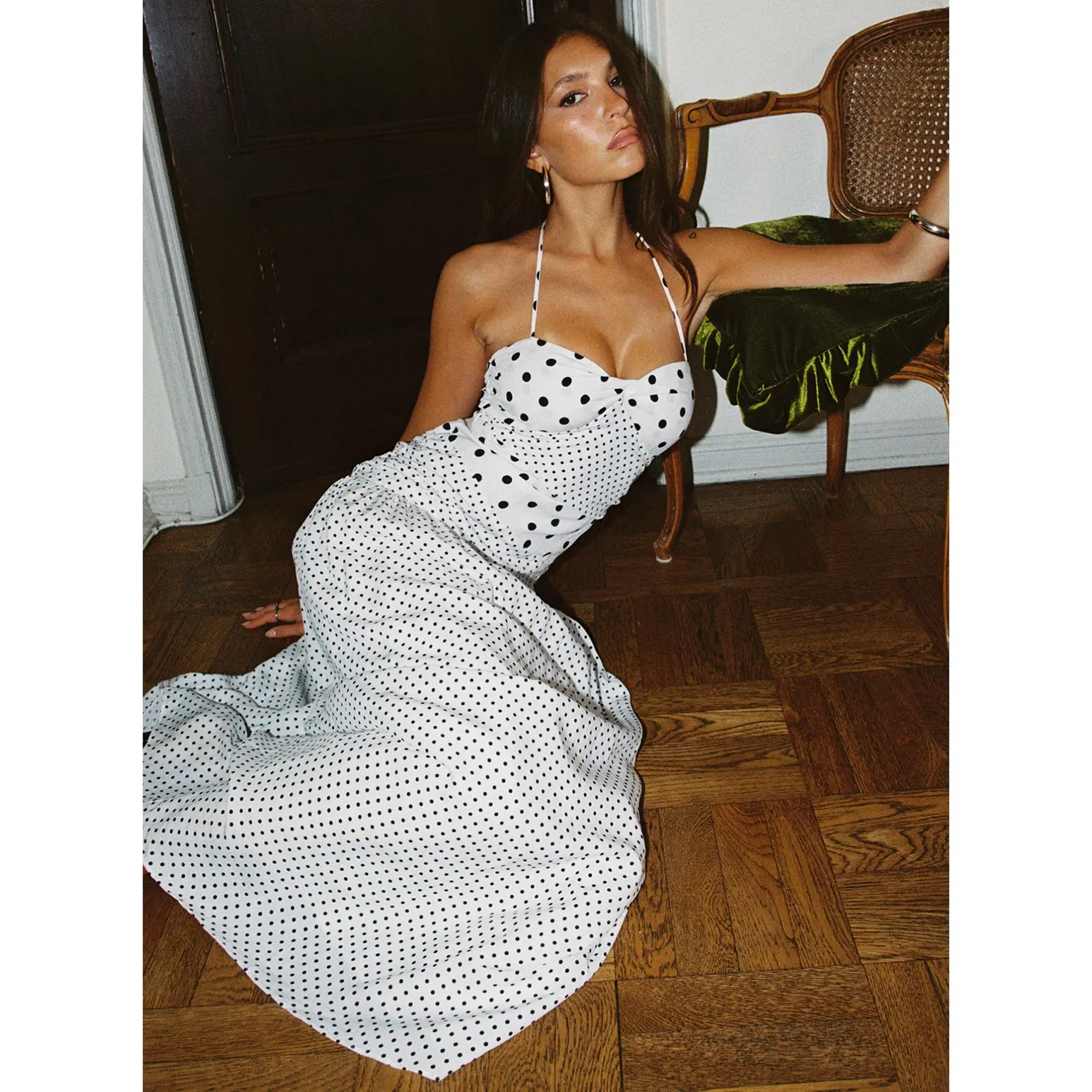 Marguerite Halter Maxi Dress White Polka Dot