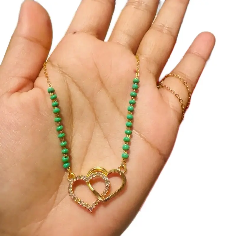 Women's Short Mangalsutra Necklace with Heart Pendant, Green Beaded Daily Wear Fashion Jewelry, Decorative Costume Accessory, Decorative Beaded Necklaces, Elegant, Style, Casual Trendy Jewelry, Heart Necklaces