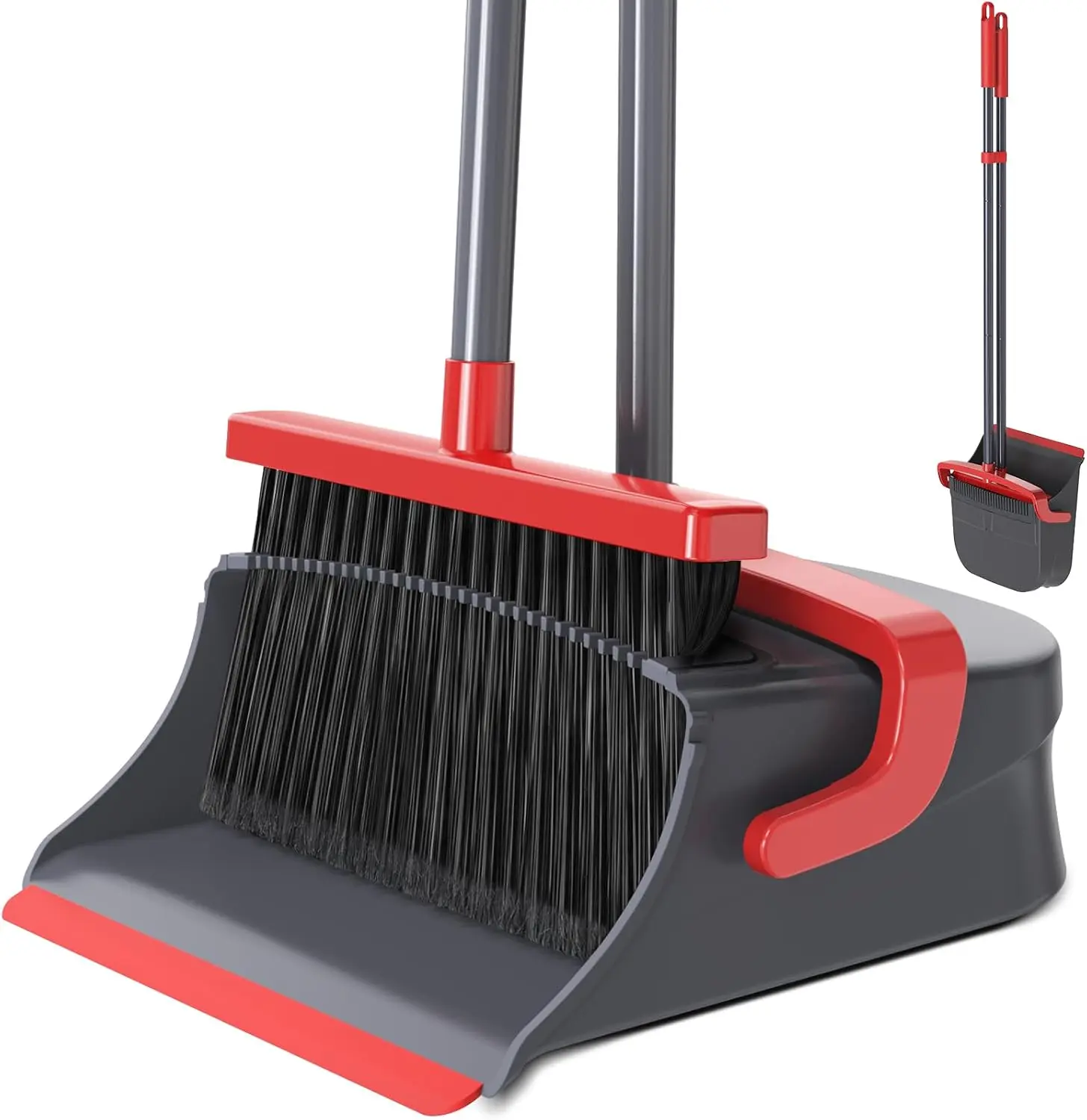 Broom with Dustpan Combo Set, Long Handle Upright Standing Self-Cleaning Broom and Dustpan Set for Pet Hair & Dust Cleanup, Indoor Outdoor Use for Home, Kitchen, Office, Red & Gray zeawec