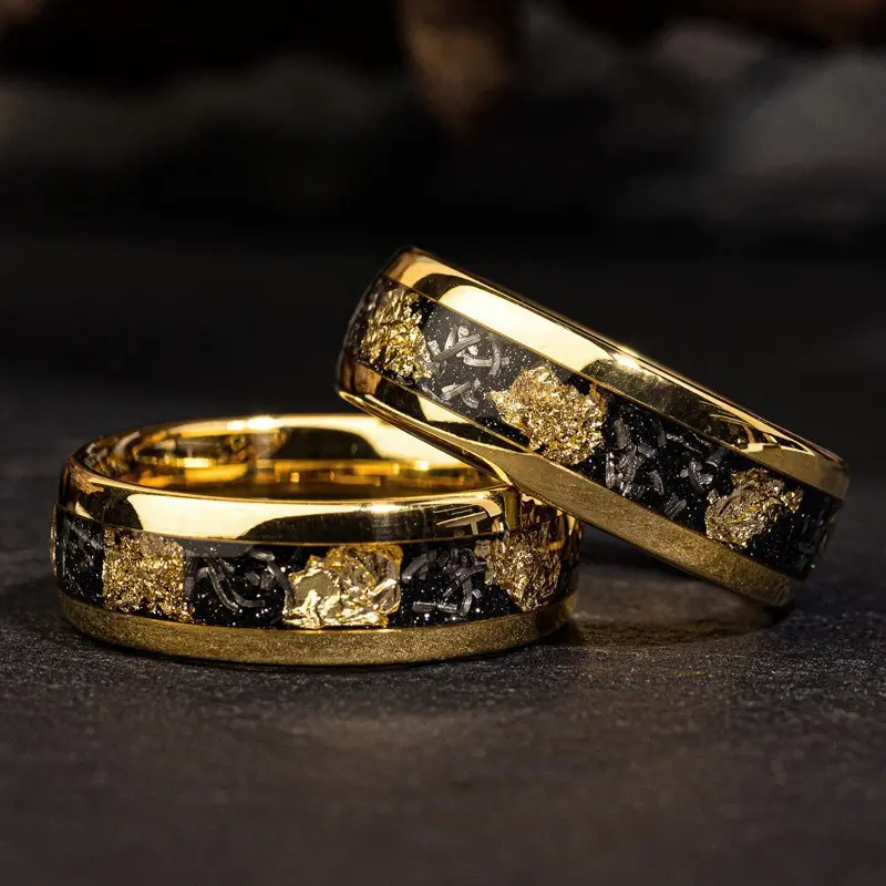 8MM Fashion Stainless Steel Rings Inlay Meteorite Abalone S Steel Rings For Men Women Wedding Engagement Band Jewelry Gift
