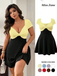 Women's Plus Size Color Block Dress Twist Front Sweetheart Neck Short Sleeve A-Line Skater Mini Elegant Formal Wear Party Cocktail Outfits Trendy