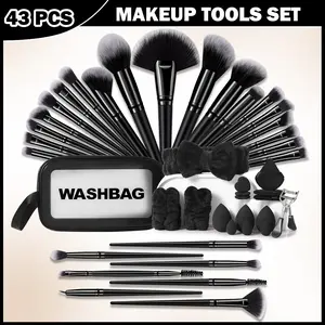 43pcs Face Makeup Tool Set, 26pcs Makeup Brushes & Toiletry Bag & Hair Tie & 2pcs Wrist Straps & 3pcs Large Makeup Sponges & 3pcs Fan-Shaped Sponges & 3pcs Mini Makeup Sponges & 3pcs Thumb Sponges & Eyelash Curler