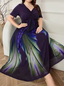 Middle East Plus Size V Neck Short Sleeve Gradient Peacock Feather Print Mesh Long Dress, Slimming Concealing Elegance Women's Fashion, Womenswear