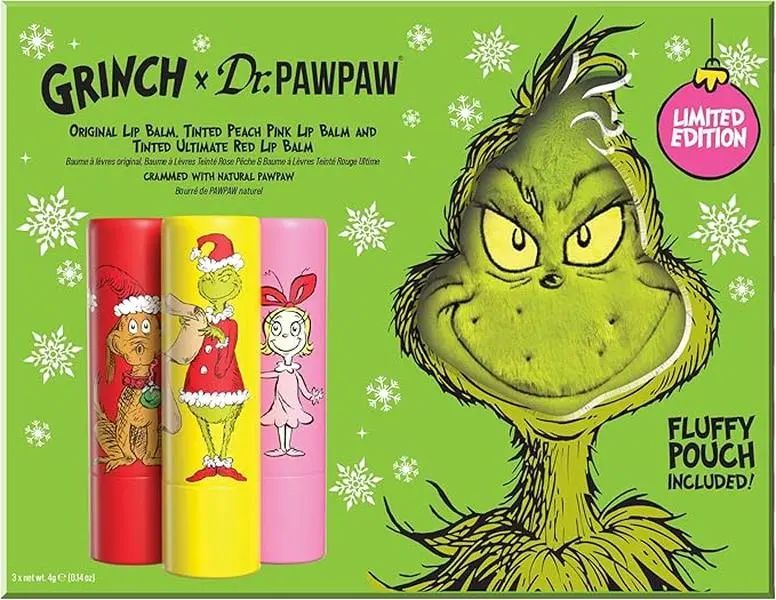 3pcs Dr. PawPaw The Grinch Set  Original, Ultimate Red, Peach Pink - Natural Lip Balm with Aloe Vera - Gluten Free Lip Moisturizer for Hydration, Get it before Wellness Holiday Skincare