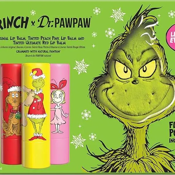 3pcs Dr. PawPaw The Grinch Set  Original, Ultimate Red, Peach Pink - Natural Lip Balm with Aloe Vera - Gluten Free Lip Moisturizer for Hydration, Get it before Wellness Holiday Skincare