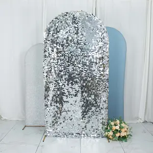 Set of 3 Dusty Blue / Silver Round Top Fitted Backdrop Stand Covers, Big Payette Sequin, Shimmer Tinsel and Matte Spandex Wedding Arch Frame Covers