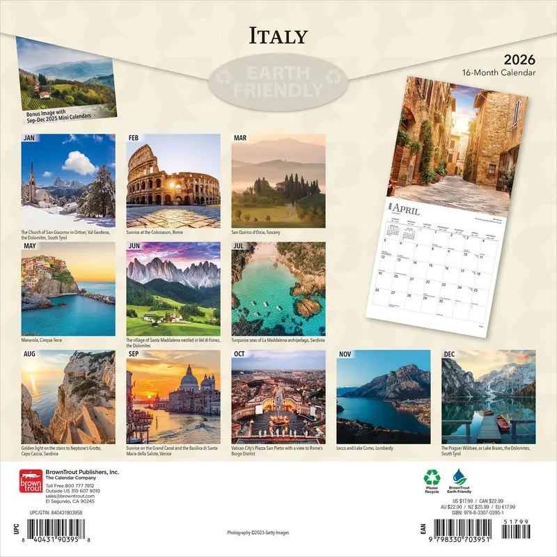 Italy | 2026 12 x 24 Inch (Hanging) Monthly Square Wall Calendar | Plastic-Free | BrownTrout | Scenic Travel Europe Italian Venice Rome 1