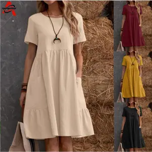 Women's 2026 Summer Retro Loose Cotton Linen Dress, Solid Color Round Neck with Pockets, Casual Vintage Dress for Western Fashion, Perfect for Daily & Vacation