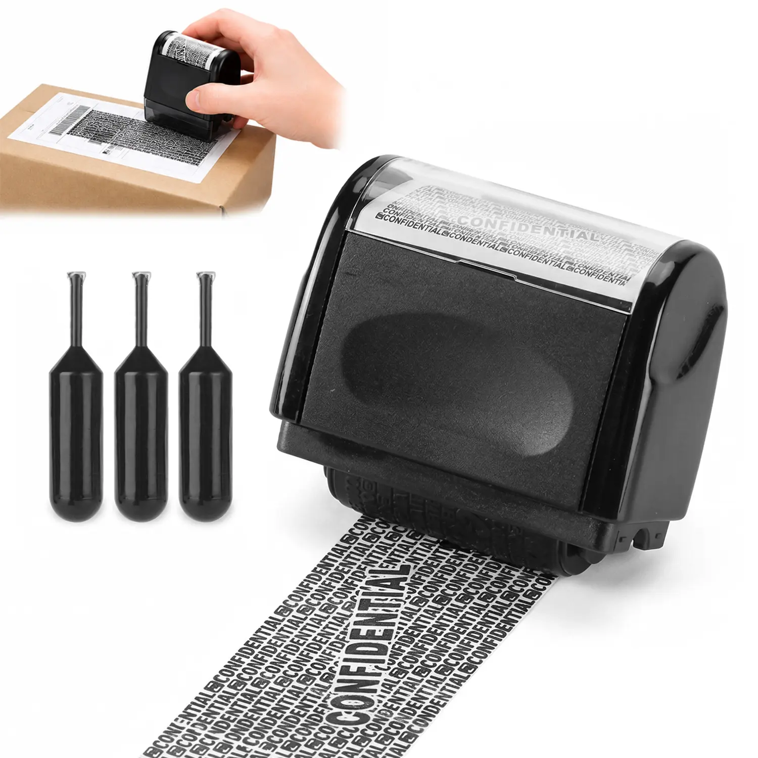Identity Protection Roller Stamp Identity Theft, Confidential, Privacy Roller Stamp Information Blocker and 3 Refill Ink for ID Account Data Address Security
