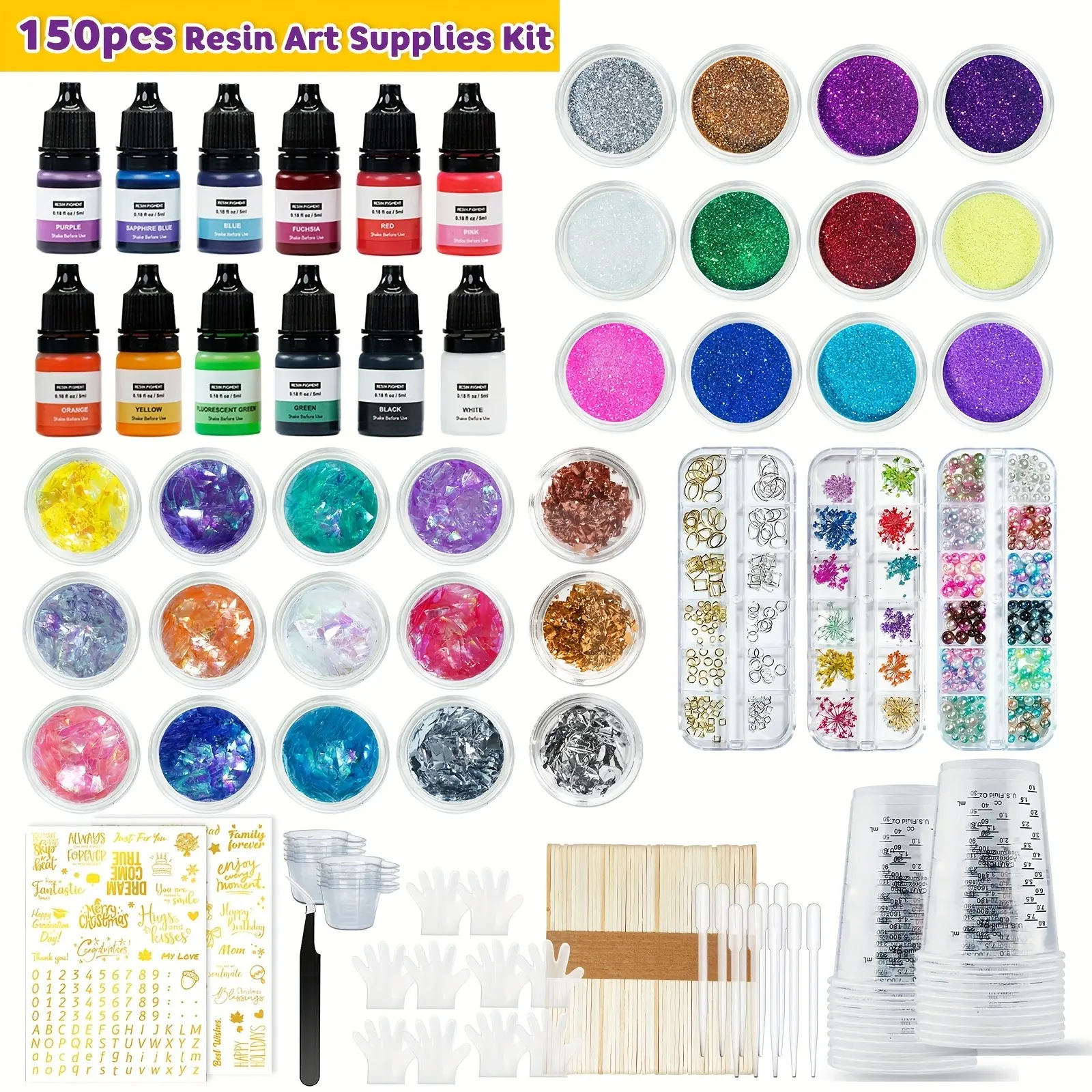 JANCHUN 150pcs Epoxy Resin Supplies Kit with Dried Flowers, Measuring Cups, Blessing Stickers, Color Inks, Glitter, Stirring Rods, Gloves - for DIY Jewellery, Home Decorations with Metallic Designs (Toys & Hobbies, Beading & Jewelry Making), Floral Arrang