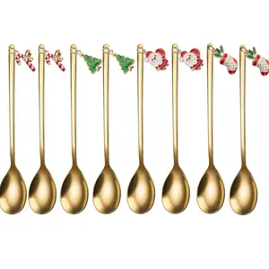 8 Pcs Christmas Spoons with Gift Box, Stainless Steel Coffee Spoon Ice Cream Soup Sugar Dessert Teaspoons Mixing Stirring Spoon with Christmas Pendant for Party Tableware Décor.