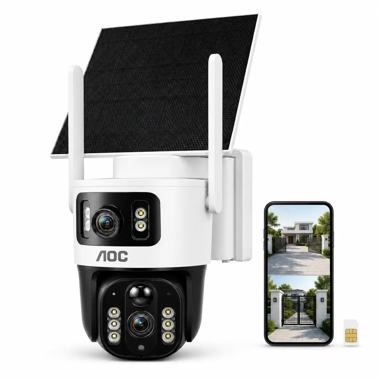 AOC 4G LTE Solar Outdoor Camera, No WiFi Needed, Dual 2MP Lenses, 350° Pan 90° Tilt, AI Human Tracking, Color Night Vision, 2-Way Audio, IP65, Security Cameras for Home, Farm and Ranch, Cámara Solar Card Device