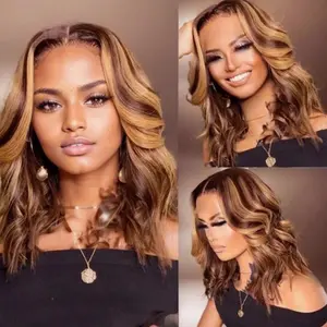Short Body Wave Bob Style Lace Front Wigs Synthetic Heat Resistant Soft Fiber Ombre Brown Blonde Highlight Mixed Color 13x4 Free Part Wavy Wig Suitable for Fashion Women Ladies Daily Party Wear Pre Plucked Baby Hair Natural Hairline 14 Inch 180% Density