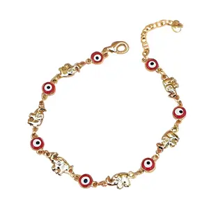 Female Boho Stackable Bracelets - Golden-Tone Adjustable Chain with Red Eye Elephant Charm, Layered Bangle, Trendy Costume Jewelry for Daily Wear Fashion Accessories