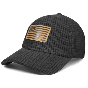 OUTDOOR SHAPING Grid Fleece Dad Cap with American Flag Embroidery & Leather Patch, Waffle Baseball Cap for Men Women Trucker Snapback Hat