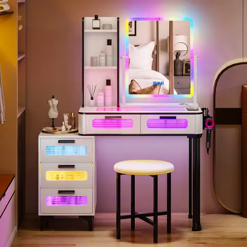 Vlsrka Sturdy RGB Makeup Vanity Desk with Wireless Charger, MDF Modern Minimal Furniture, 7 Dynamic & 7 Static Dimmable LED Lights, Spacious Visible Desktop, 5 Drawers, Cushioned Stool, for Ladies, Organization, Storage, Home Decor Supplies