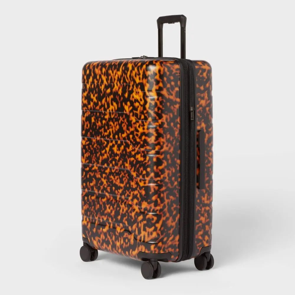Open Story Hardside Checked Suitcase Large 62 Linear Inches Polycarbonate ABS Tortoise Shell Expandable 8 Wheels Retractable Locking Handle