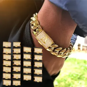 Chunky Cuban Link Chain Bracelets For Men Thick 18K Golden Plated Stainless Steel Punk Exaggerated Big Bangle Bracelet. 14mm Cut Faux Diamond Initial Letter A-Z Men'S Bracelet
