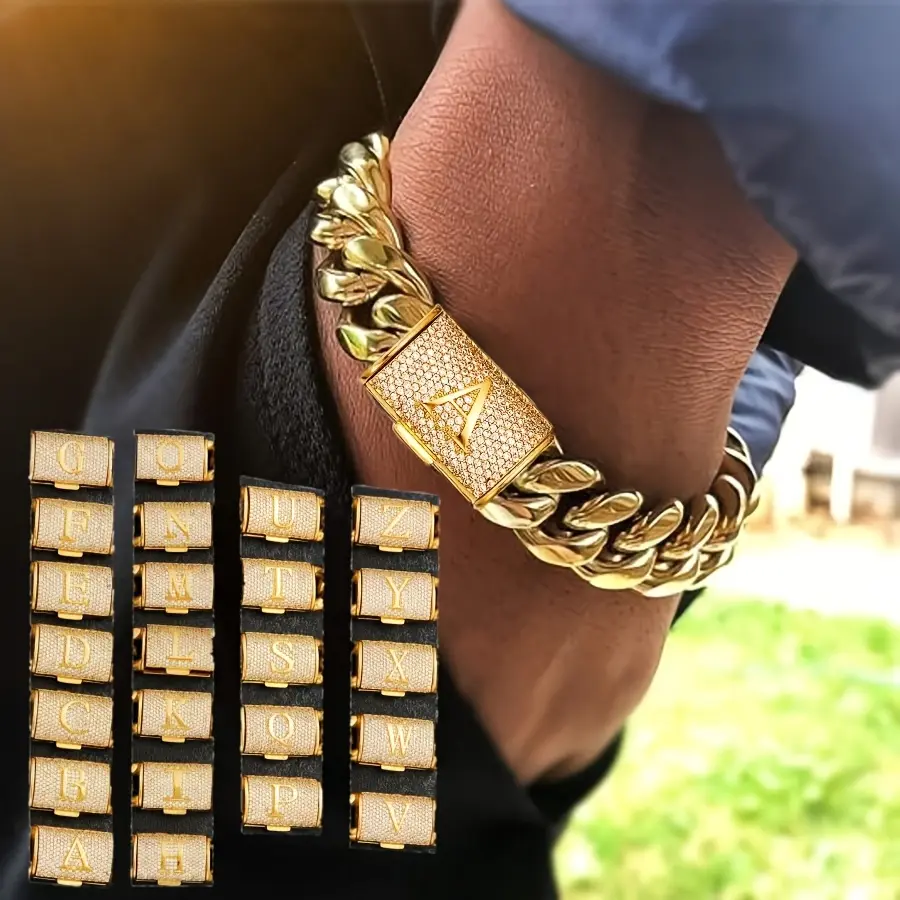 Chunky Cuban Link Chain Bracelets For Men Thick 18K Golden Plated Stainless Steel Punk Exaggerated Big Bangle Bracelet. 14mm Cut Faux Diamond Initial Letter A-Z Men'S Bracelet