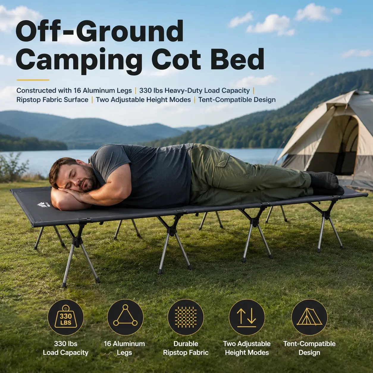 Night Cat Camping Cot Bed - Nylon Fabric, Elevated Frame, Sturdy Legs, Portable Folding 1-Person Adult Sleeping Cot (87in x28in/87in x32in), Easy Set-Up, Portable Outdoor Seating for Off-Ground Camping, Camping Cot Beds tiktokshopbacktoschool