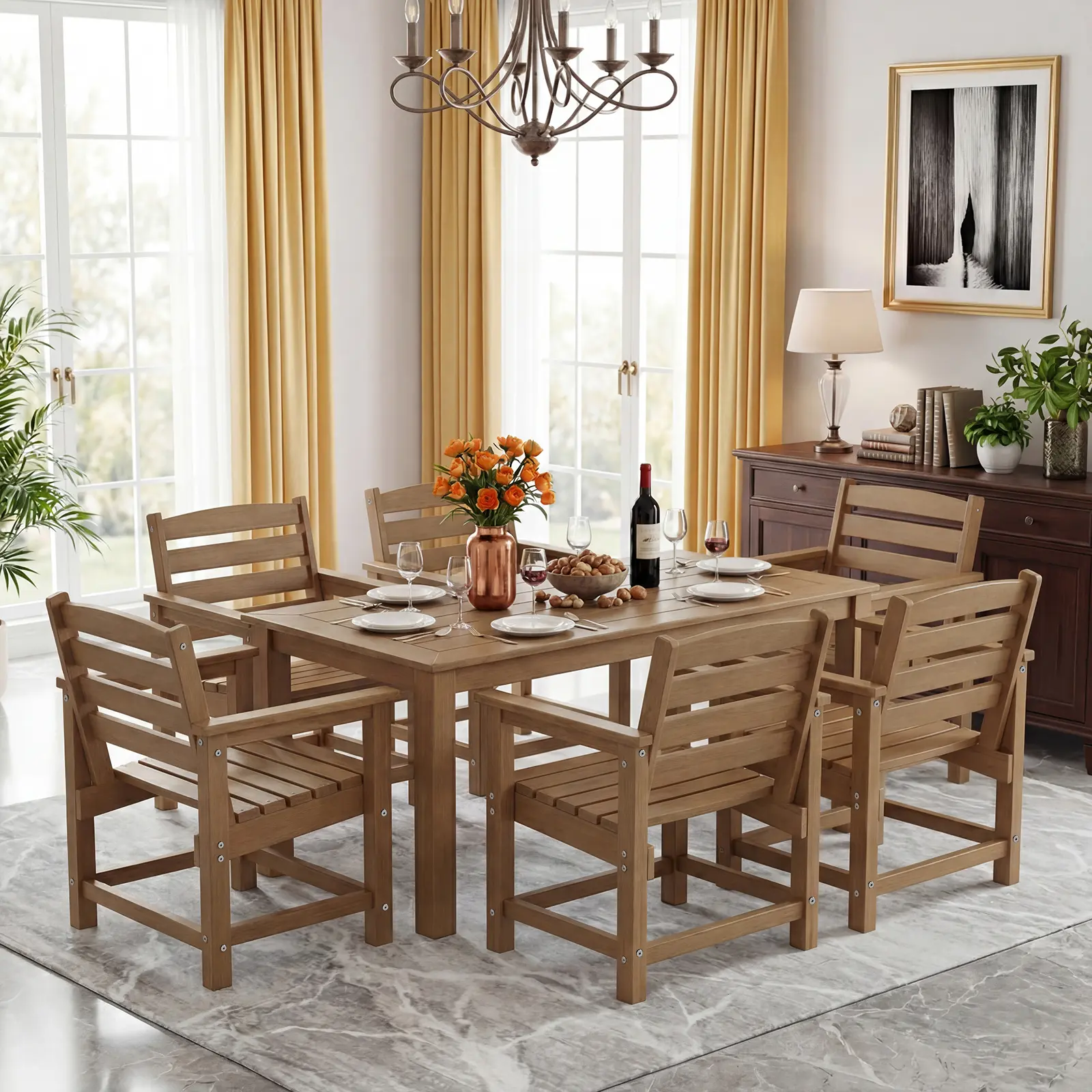 Outdoor HDPE Dining Table Set 7-Piece, All-Weather Outdoor Table and Chairs with Umbrella Hole Cut-Out, Patio Furniture for Garden, Backyard, Deck