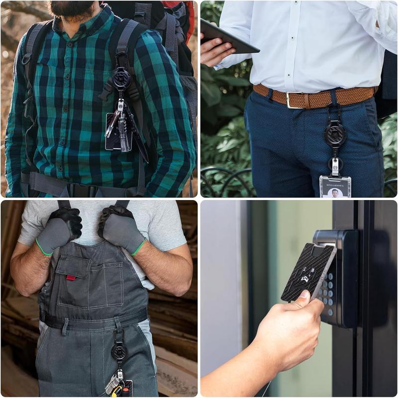 MNGARISTA Retractable Badge Holder, Carbon Fiber ID Badge Reel Strong,Retractable Clip Carabiner Keychain Key Card Holder with 4 Locking Card Point Design, Black